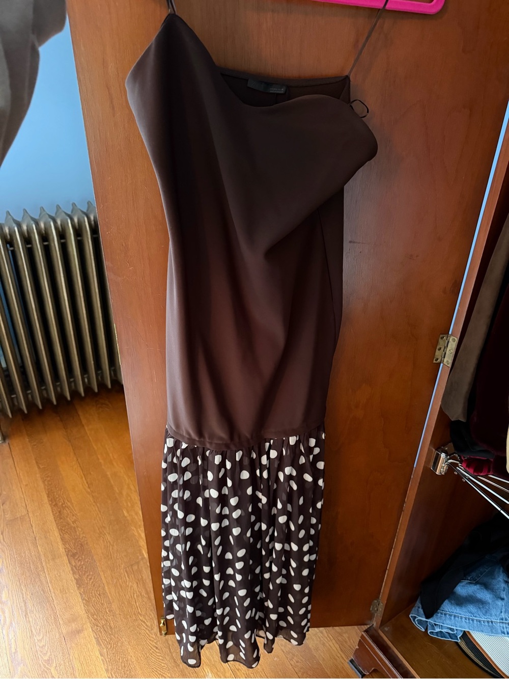 Zara One-Shoulder Brown Polka-Dot Hem Maxi Dress